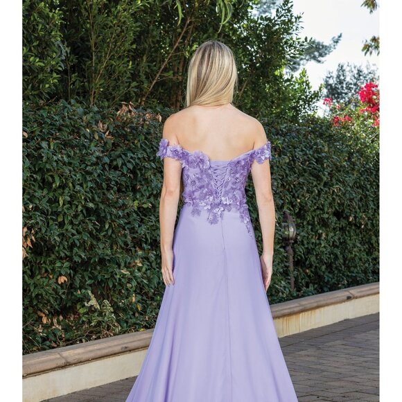 New Off Shoulder Long A-Line Floral Dress w/ Leg Slit & Lace Up Back DQ 4268 - Picture 4 of 9